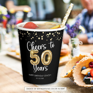 50th Birthday Cheers to 50 Years Black Gold Paper Cups