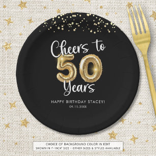 50th Birthday Cheers to 50 Years Black Gold Paper Plate