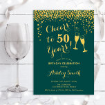 50th Birthday - Cheers To 50 Years Emerald Green Invitation<br><div class="desc">50th Birthday Invitation. Cheers To 50 Years! Elegant design in emerald green and gold. Features champagne glasses,  script font and confetti. Perfect for a stylish fiftieth birthday party. Personalise with your own details. Can be customised to show any age.</div>