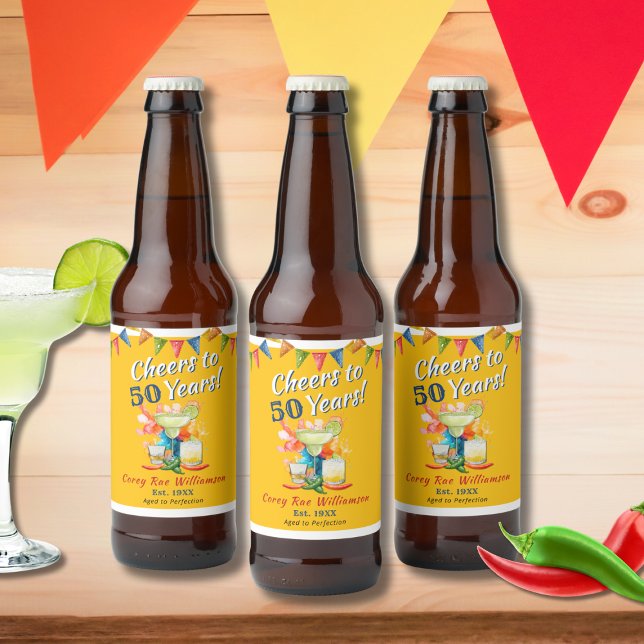 50th Birthday Cheers to 50 Years  Fiesta Themed Beer Bottle Label (Creator Uploaded)