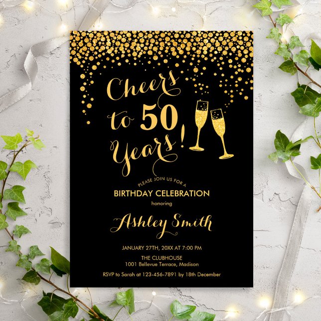 50th Birthday - Cheers To 50 Years Gold Black Invitation (Creator Uploaded)