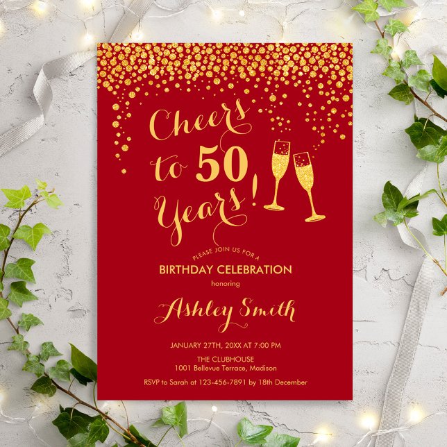 50th Birthday - Cheers To 50 Years Gold Red Invitation (Creator Uploaded)