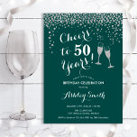50th Birthday - Cheers To 50 Years Green Silver Invitation<br><div class="desc">50th Birthday Invitation. Cheers To 50 Years! Elegant design in green,  white and silver. Features champagne glasses,  script font and glitter silver confetti. Perfect for a stylish fiftieth birthday party. Personalise with your own details. Can be customised to show any age.</div>