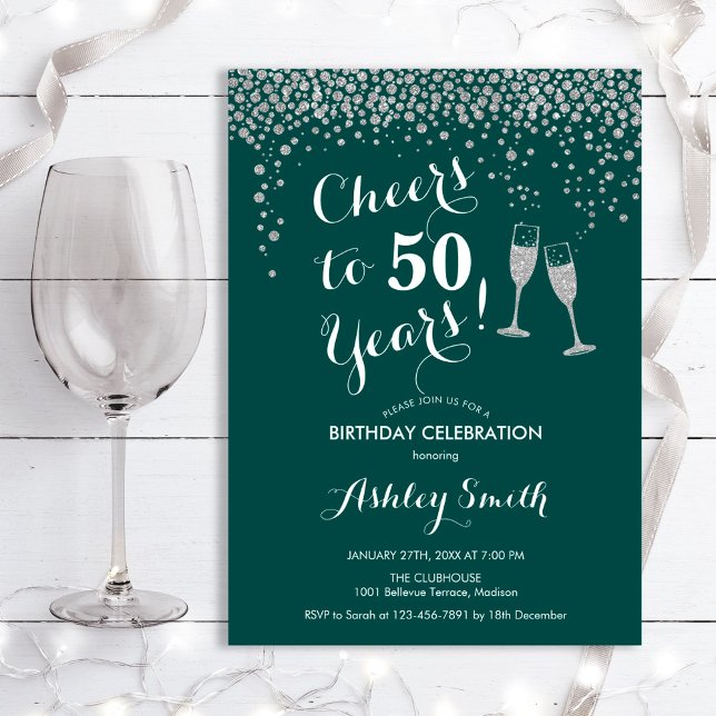 50th Birthday - Cheers To 50 Years Green Silver Invitation (Creator Uploaded)