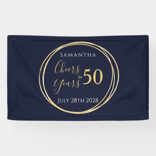 50th Birthday Cheers to 50 Years Navy Gold Party Banner (Horizontal)