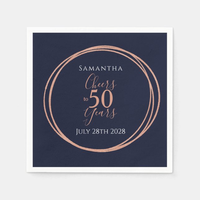 50th Birthday Cheers to 50 Years Navy Rose Gold Napkin (Front)