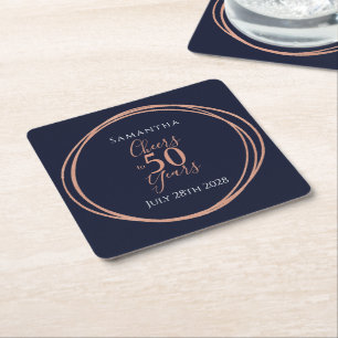 50th Birthday Cheers to 50 Years Navy Rose Gold Square Paper Coaster