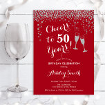 50th Birthday - Cheers To 50 Years Red Silver Invitation<br><div class="desc">50th Birthday Invitation. Cheers To 50 Years! Elegant design in red,  white and silver. Features champagne glasses,  script font and glitter silver confetti. Perfect for a stylish fiftieth birthday party. Personalize with your own details. Can be customized to show any age.</div>