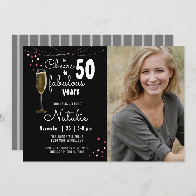 50th Birthday Cheers to Fifty Fabulous Years Black Invitation (Front/Back)