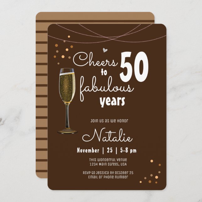 50th Birthday Cheers to Fifty Fabulous Years Brown Invitation (Front/Back)