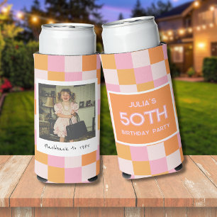 50th Birthday Chequered Pink and Orange Can Cooler