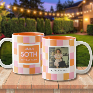 50th Birthday Chequered Pink and Orange Two-Tone Coffee Mug