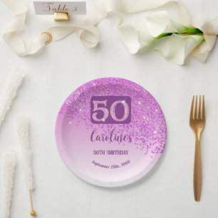 50th Birthday Chic Falling Pink Glitter Paper Plate