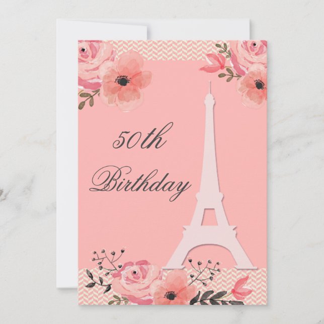 50th Birthday Chic Floral Paris Eiffel Tower Invitation (Front)