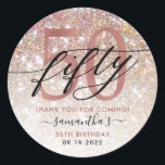 50th Birthday Chic Glitter Ombre Thank You Classic Round Sticker<br><div class="desc">Modern chic girly thank you stickers for 50th  birthday. Design featuring champagne sparkly glitter texture,  rose gold 50 and calligraphy script fifty. Personalise with a name and date.</div>