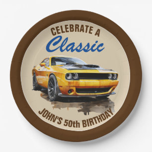 50th Birthday Classic Yellow Muscle Car  Paper Plate