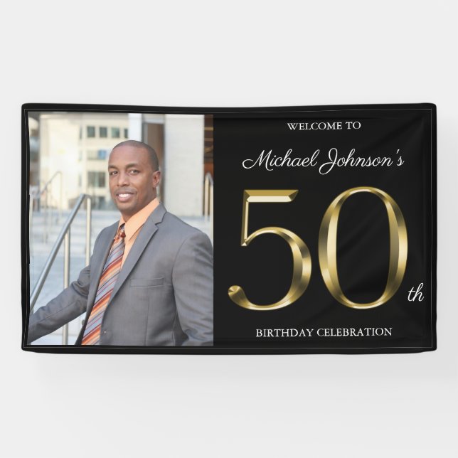 50th Birthday Classy Black Solid Gold Custom Photo Banner (Horizontal)