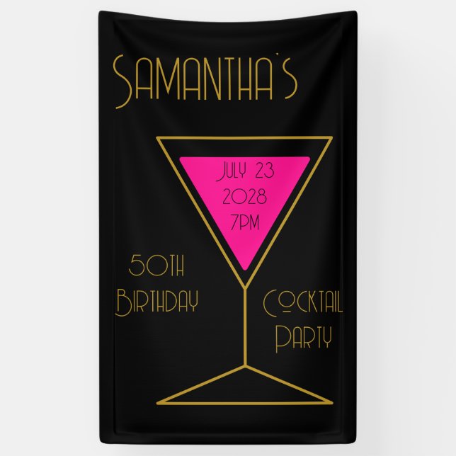50th Birthday Cocktail Party Black Gold Birthday Banner (Vertical)
