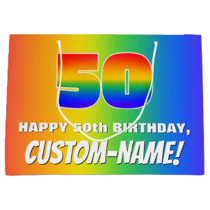 50th Birthday: Colorful, Fun Rainbow Pattern # 50 Large Gift Bag