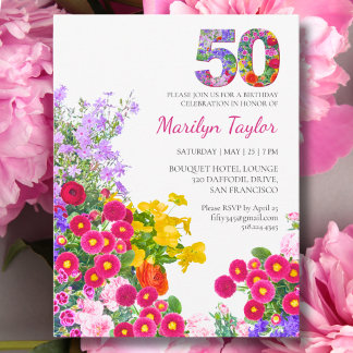 50th Birthday Colourful Floral 50 Garden Party Invitation Postcard