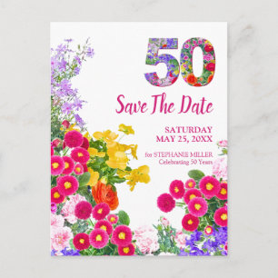 50th Birthday Colourful Floral 50 Save the Date Announcement Postcard