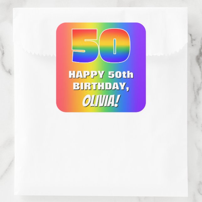 50th Birthday: Colourful, Fun Rainbow Pattern # 50 Square Sticker (Bag)