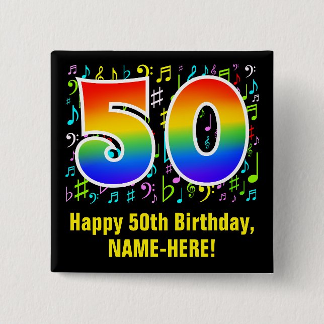 50th Birthday: Colourful Music Symbols, Rainbow 50 15 Cm Square Badge (Front)