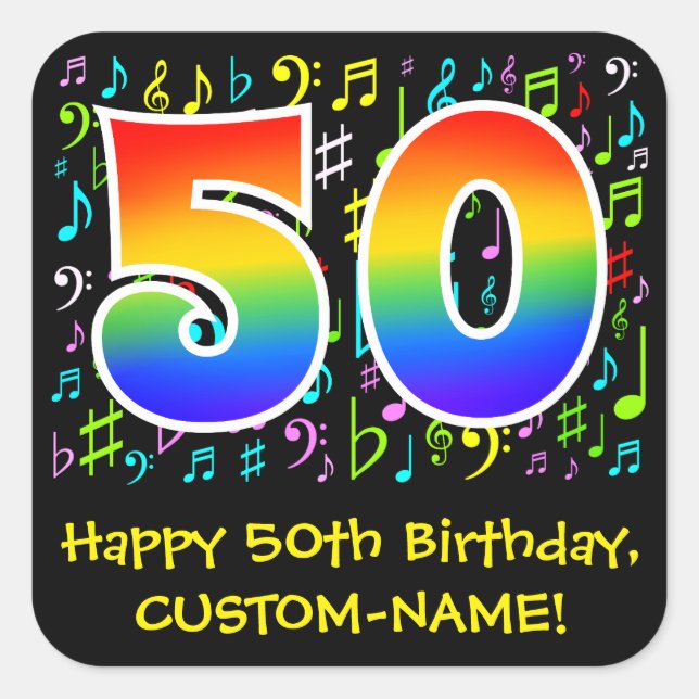50th Birthday: Colourful Music Symbols, Rainbow 50 Square Sticker (Front)