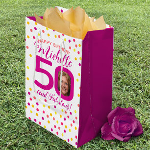 50th birthday colourful pink yellow confetti photo medium gift bag