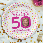 50th birthday colourful pink yellow confetti photo paper plate<br><div class="desc">Bright colourful confetti random dots birthday 50th and fabulous party plates. In bright deep pink, coral, hot pink, red, yellow and golden yellow. Add your own birthday girl's photo in the centre of the 0 in 50 and customise with your own fiftieth birthday date and party congratulations words. Currently reads...</div>