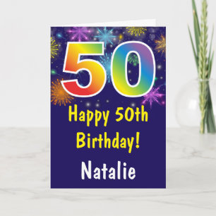 50th Birthday Colourful Rainbow Fireworks Navy Blu Card