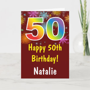 50th Birthday Colourful Rainbow Fireworks Red Card