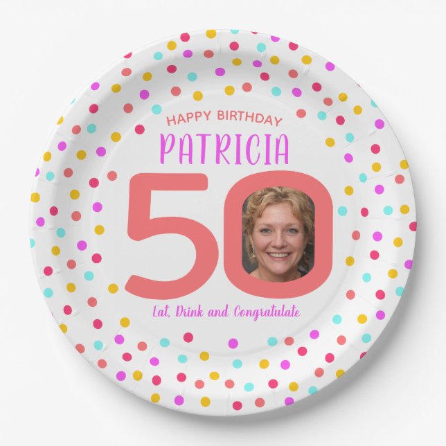 50th birthday confetti coral and pink photo paper plate (Front)