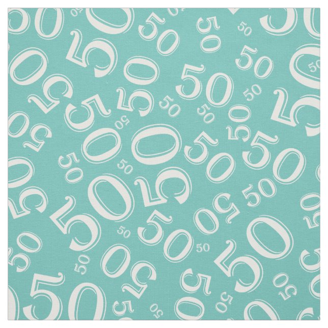 50th Birthday Cool Number Pattern Teal/White Fabric (Swatch)