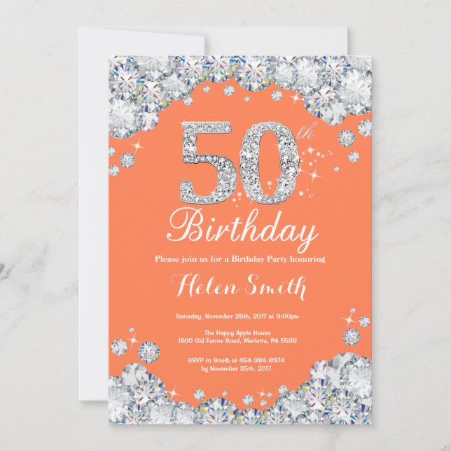 50th Birthday Coral and Silver Diamond Invitation (Front)