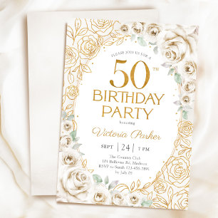 50th Birthday Cream Gold Floral Feminine Invitation