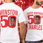 50th birthday custom name and photo template red T-Shirt<br><div class="desc">Happy 50th Birthday bright red and white text, custom front, and back photo, and name t-shirt. Fun 50th personalised photo in bold red and contrasting white birthday tee design. Personalise this birthday shirt with two photographs of the birthday person in the middle of the number 0 on the front and...</div>
