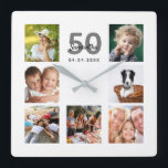 50th birthday custom photo collage family square wall clock<br><div class="desc">A wall clock as a gift for a 50th birthday for a woman, celebrating her life with a collage of 7 of your photos. Personalize and add a name, age 50 and a date. Date of birth or the date of the anniversary. Black and gray colored letters. A chic white...</div>