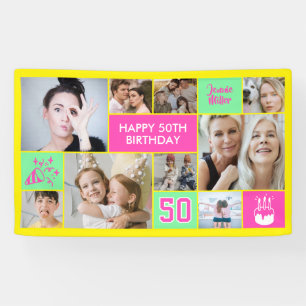 50th Birthday Custom Photo Collage Neon Yellow Banner