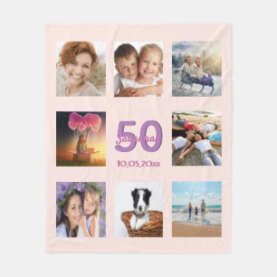 50th birthday custom photo collage rose gold pink fleece blanket