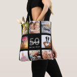 50th birthday custom photo collage woman black tote bag<br><div class="desc">A unique gift for a woman's 50th birthday, celebrating her life with a collage of 8 of your own photos, pictures. Personalise and add her name, age 50 and a date. A chic black background. Grey and white letters and numbers. The name is written with a modern hand lettered style...</div>