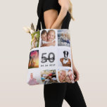 50th birthday custom photo collage woman white tote bag<br><div class="desc">A unique gift for a woman's 50th birthday, celebrating her life with a collage of 8 of your own photos, pictures. Personalise and add her name, age 50 and a date. A chic white background. Grey and black letters and numbers. The name is written with a modern hand lettered style...</div>