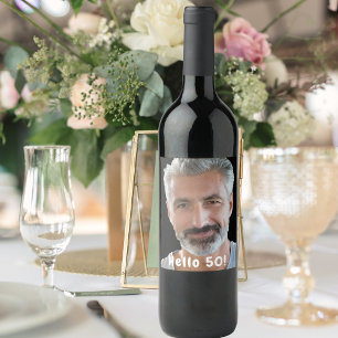 50th birthday custom photo hello 50 for guys wine label