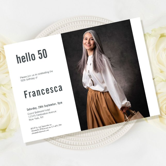 50th Birthday Custom Photo Hello 50 Party Invitation (Hello 50 Birthday Party Invitation)
