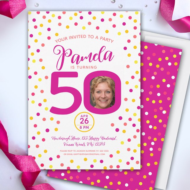 50th birthday custom photo pink yellow confetti invitation (Creator Uploaded)