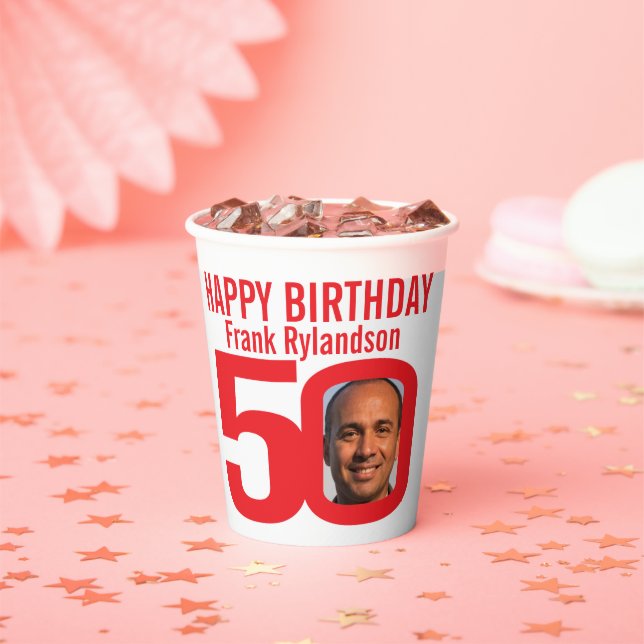 50th birthday custom two photo red white paper cups (Insitu)