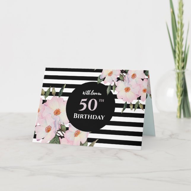 50th Birthday Custom Watercolor Roses Stripes Card (Front)