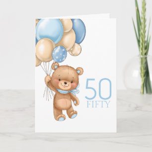 50TH birthday cute blue balloons boy teddy card