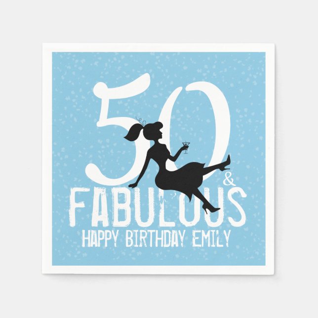 50th Birthday Cute Blue Party Silhouette Martini Napkin (Front)