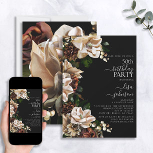 50th Birthday Dark Moody Neutral Magnolia Floral Invitation